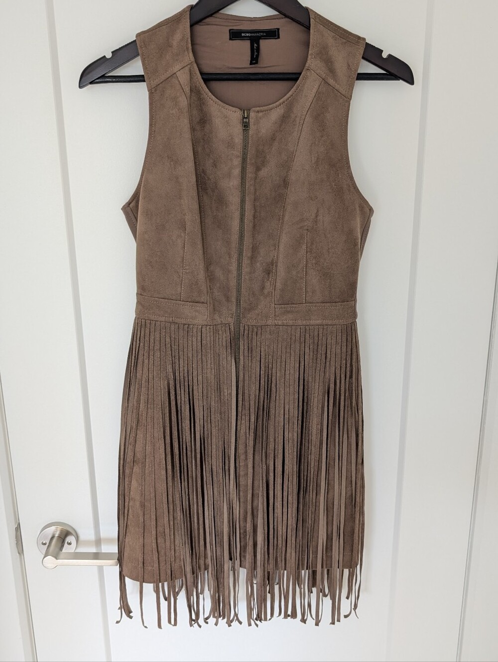 BCBGMaxAzria Taupe Suede Sleeveless Fringe Dress